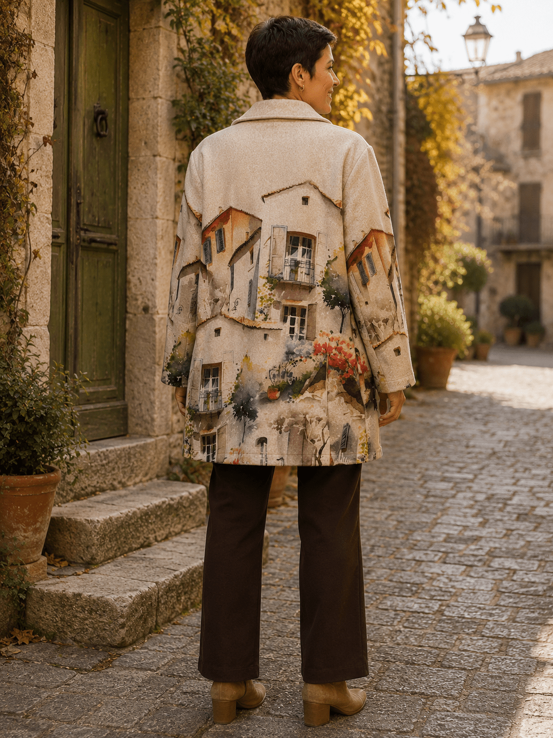 Dos du manteau Toscana à imprimé village provençal porté par Sofia dans une rue pavée