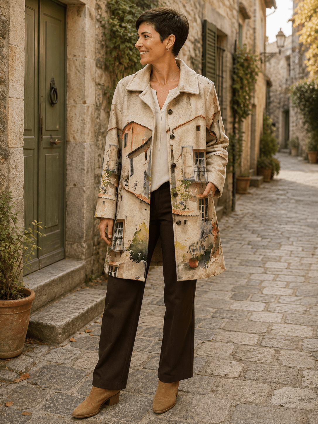 Manteau Toscana imprimé village provençal porté par Sofia avec pantalon chocolat dans une rue italienne