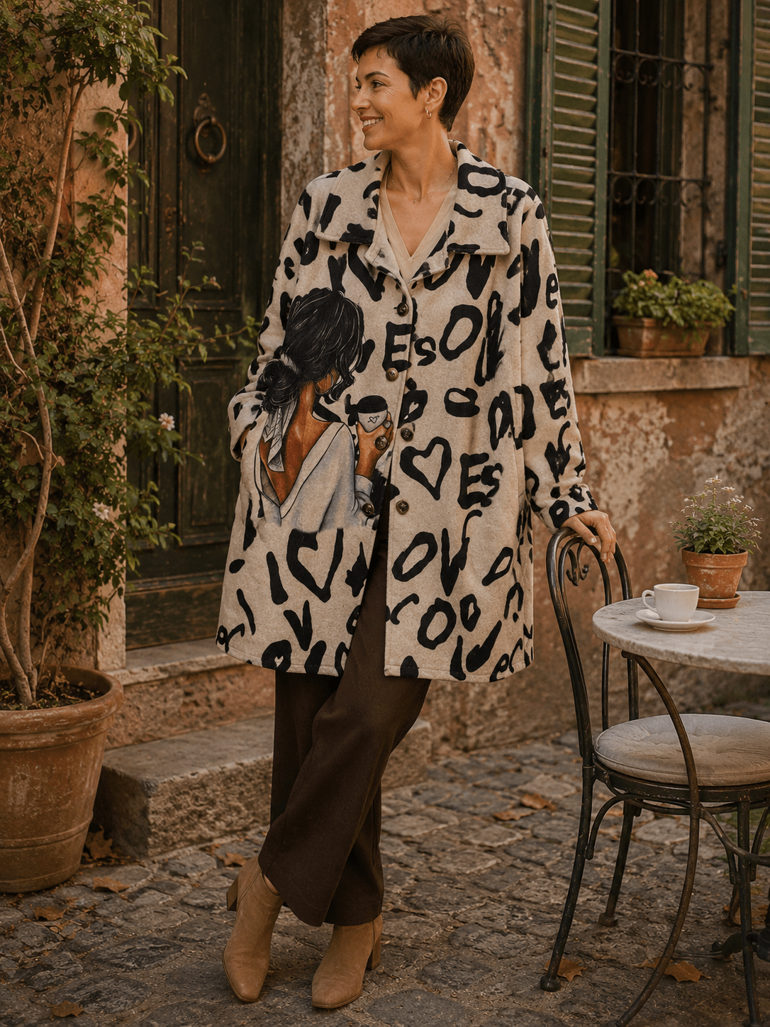 Manteau Valentina beige et noir à imprimé graphique porté par Sofia devant une terrasse italienne