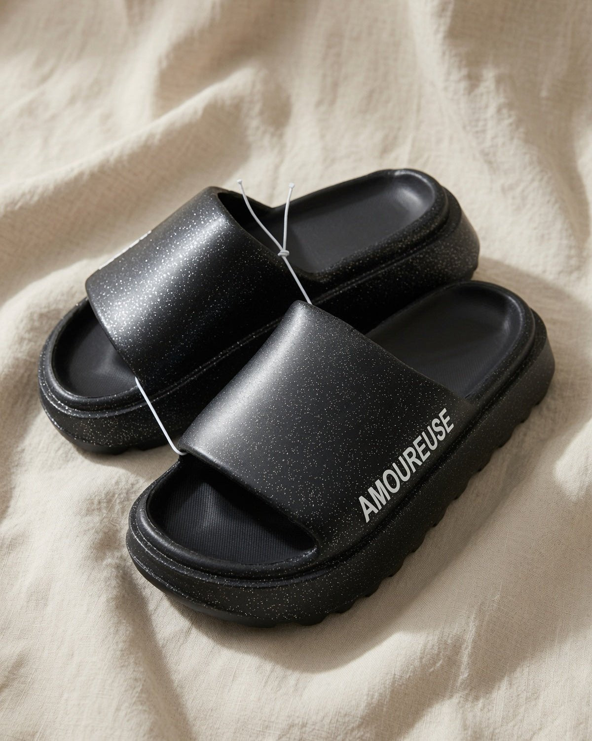 Mules Amoureuse à plateforme, bride pailletée noire