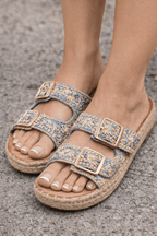 Mules dentelle bleu clair bohème avec plateforme et brides réglables - Tailles 37 à 41
