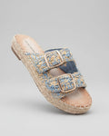 Vue de profil mules dentelle bleu clair avec plateforme et boucles réglables