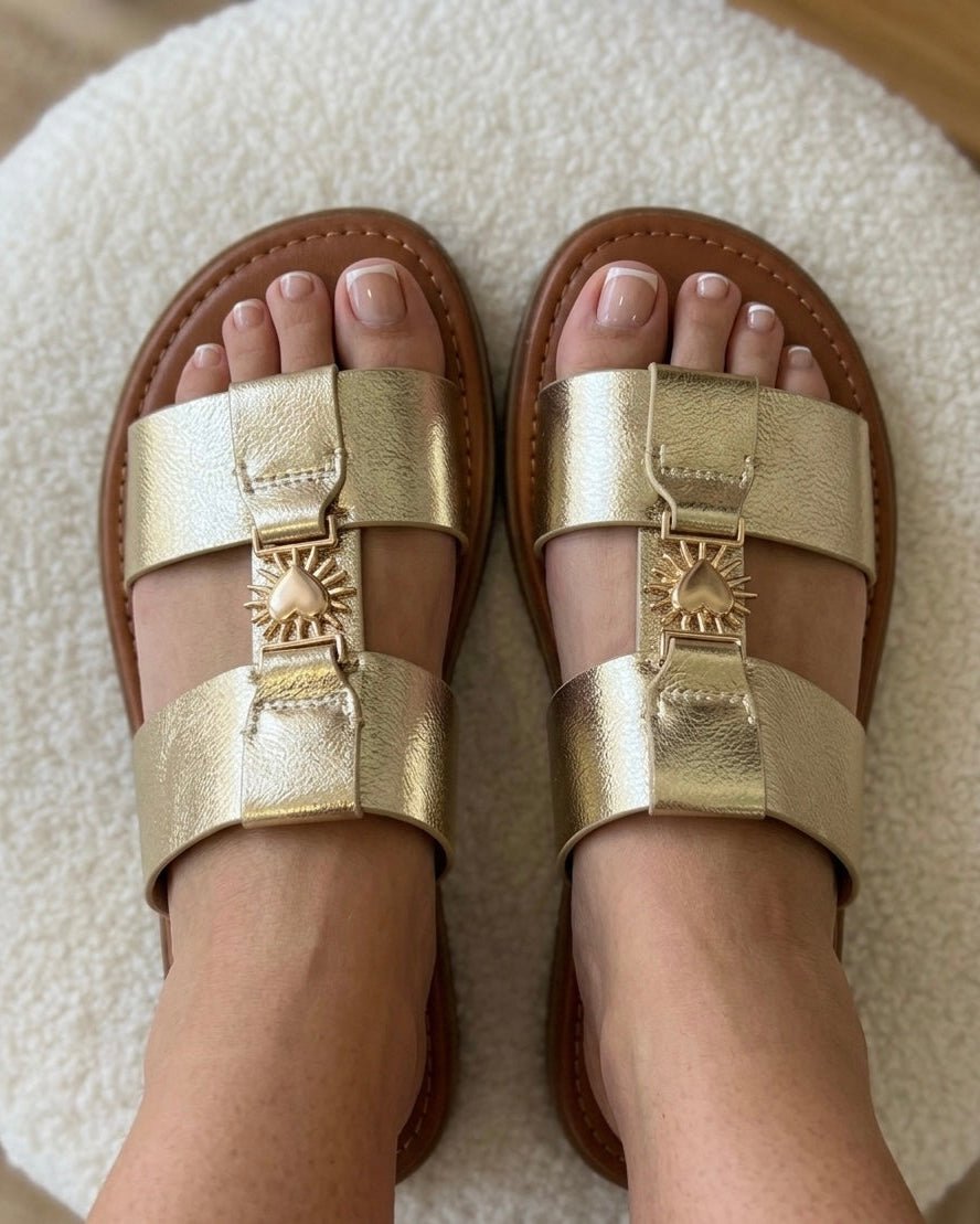 Mules Soléa dorées à double bride, vue de dessus portée
