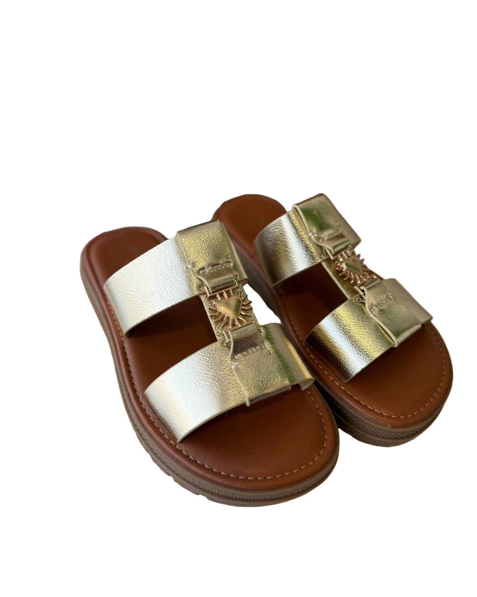 Paire de mules Soléa dorées, vue de trois quarts
