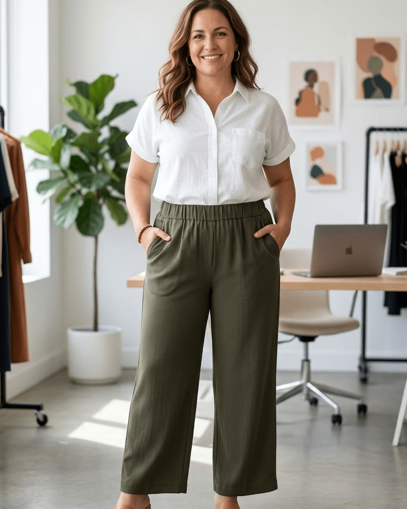 Pantalon Chino kaki à jambe large, vue portée