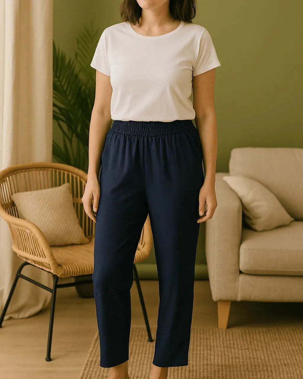 Pantalon droit femme chic marine coupe fluide confortable