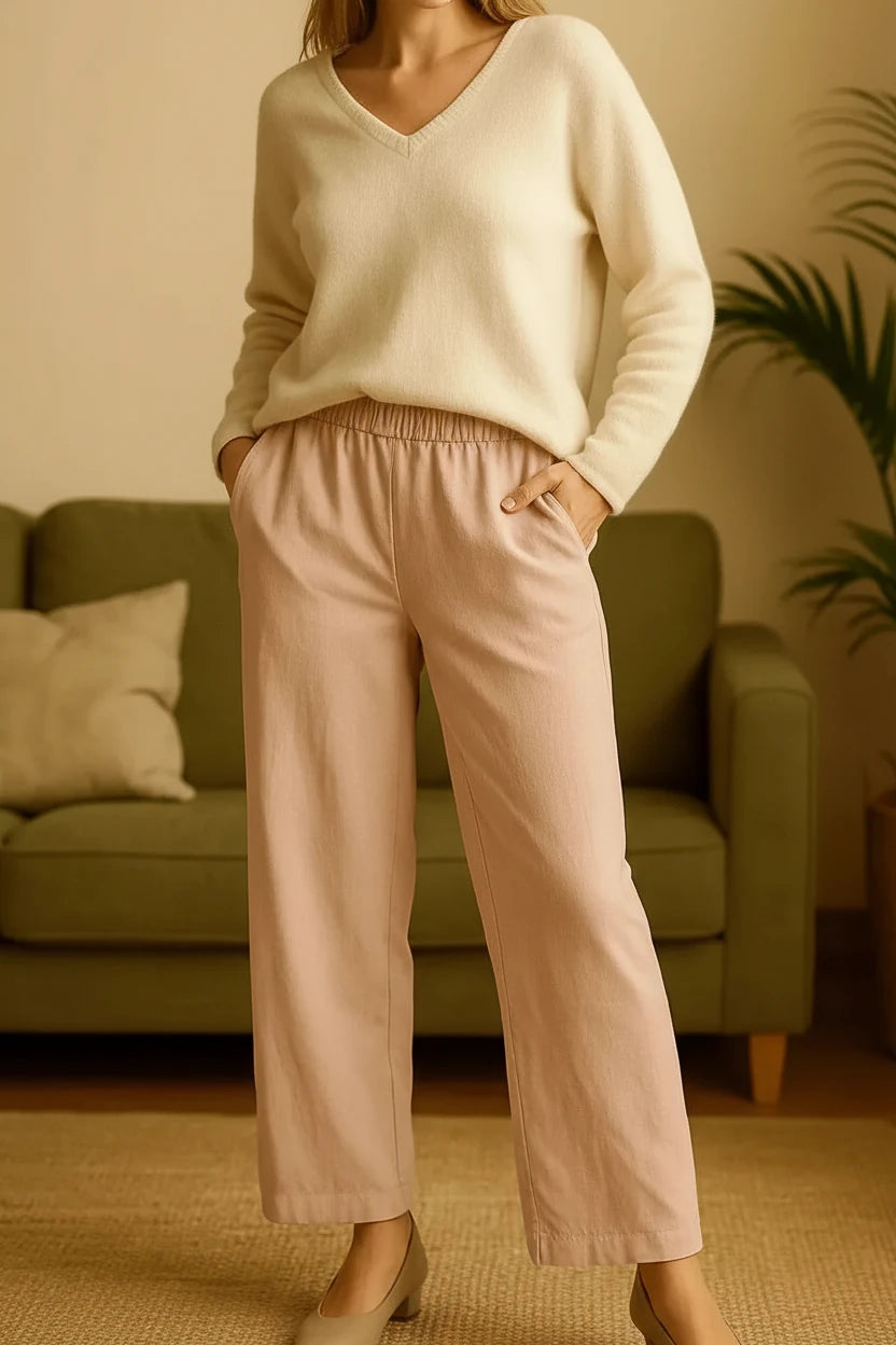 Pantalon droit femme classique couleur vieux rose taille élastique