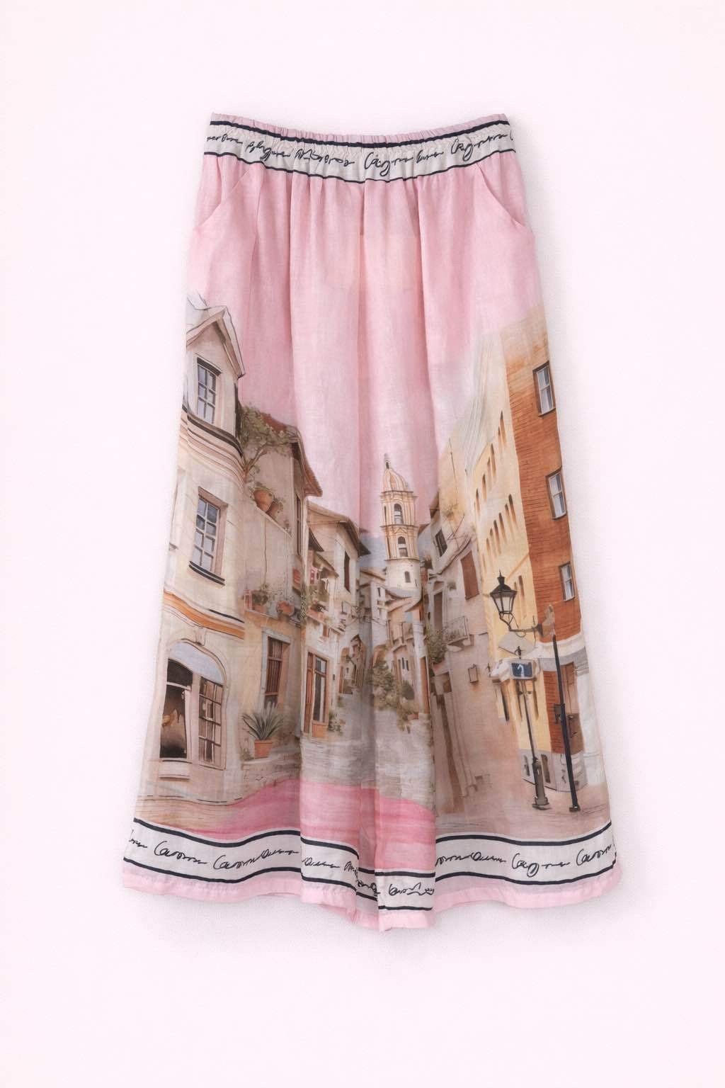 Pantalon Escapade rose à imprimé ruelles présenté à plat