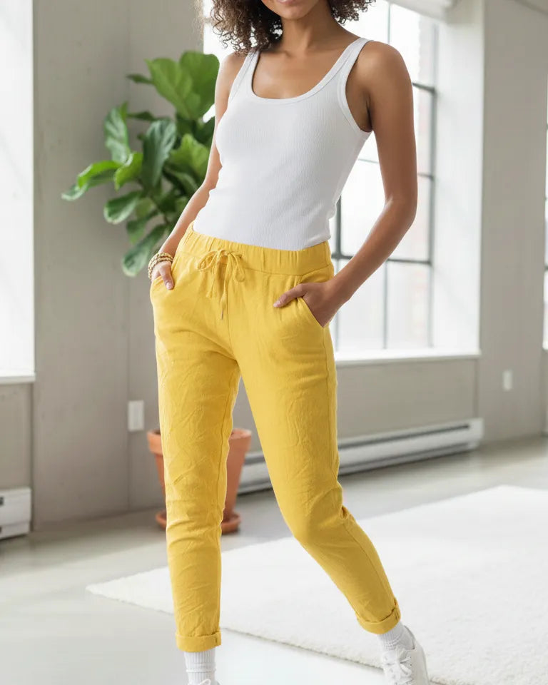 Pantalon Magique femme extensible 36-52, coupe élégante et confortable couleur jaune