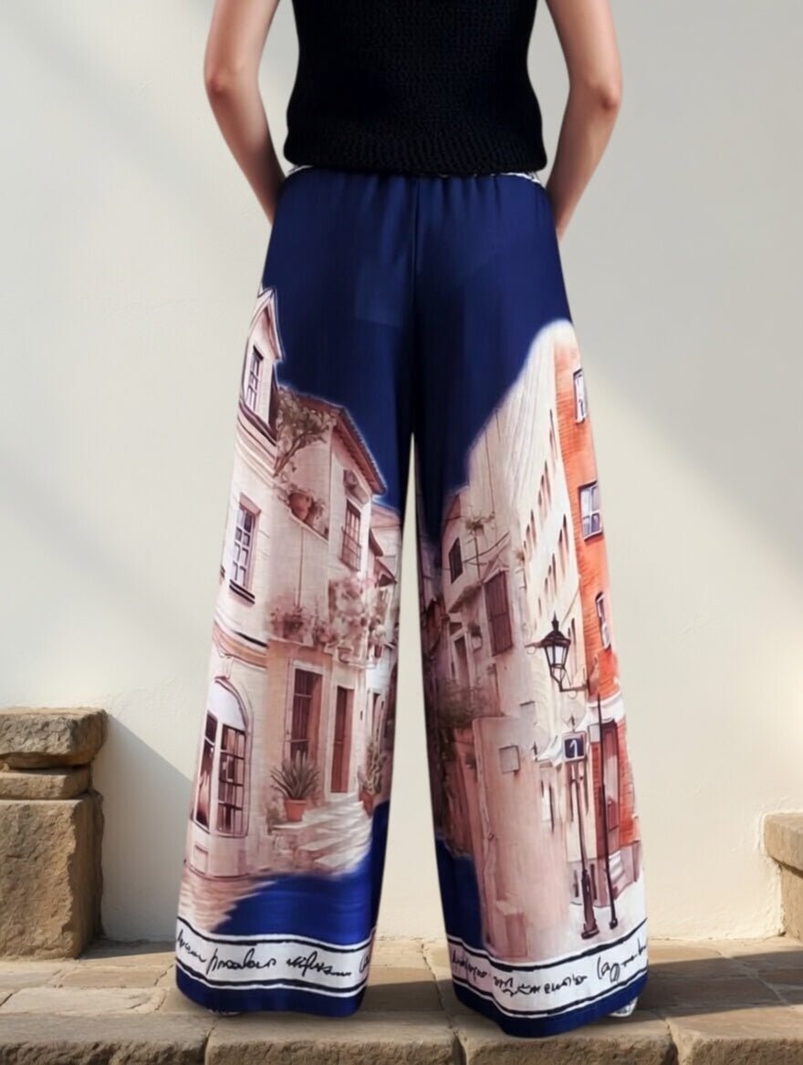 Pantalon Fluide Large Imprimé Escapade Lin — Made in Italy - Mam’s AilesBeige