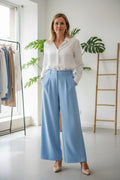 pantalon large bleu ciel femme porté avec chemise blanche 36-42 made in italy