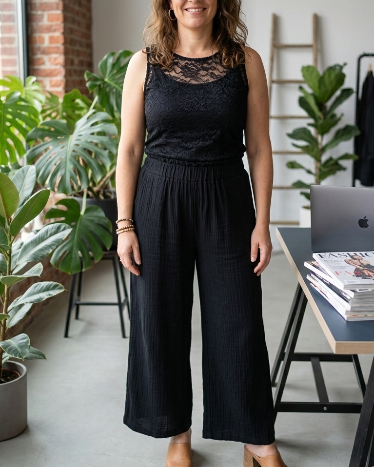 Pantalon large noir femme sans ceinture, avec taille élastique froncée, porté lors d'une séance photo rock-glam.