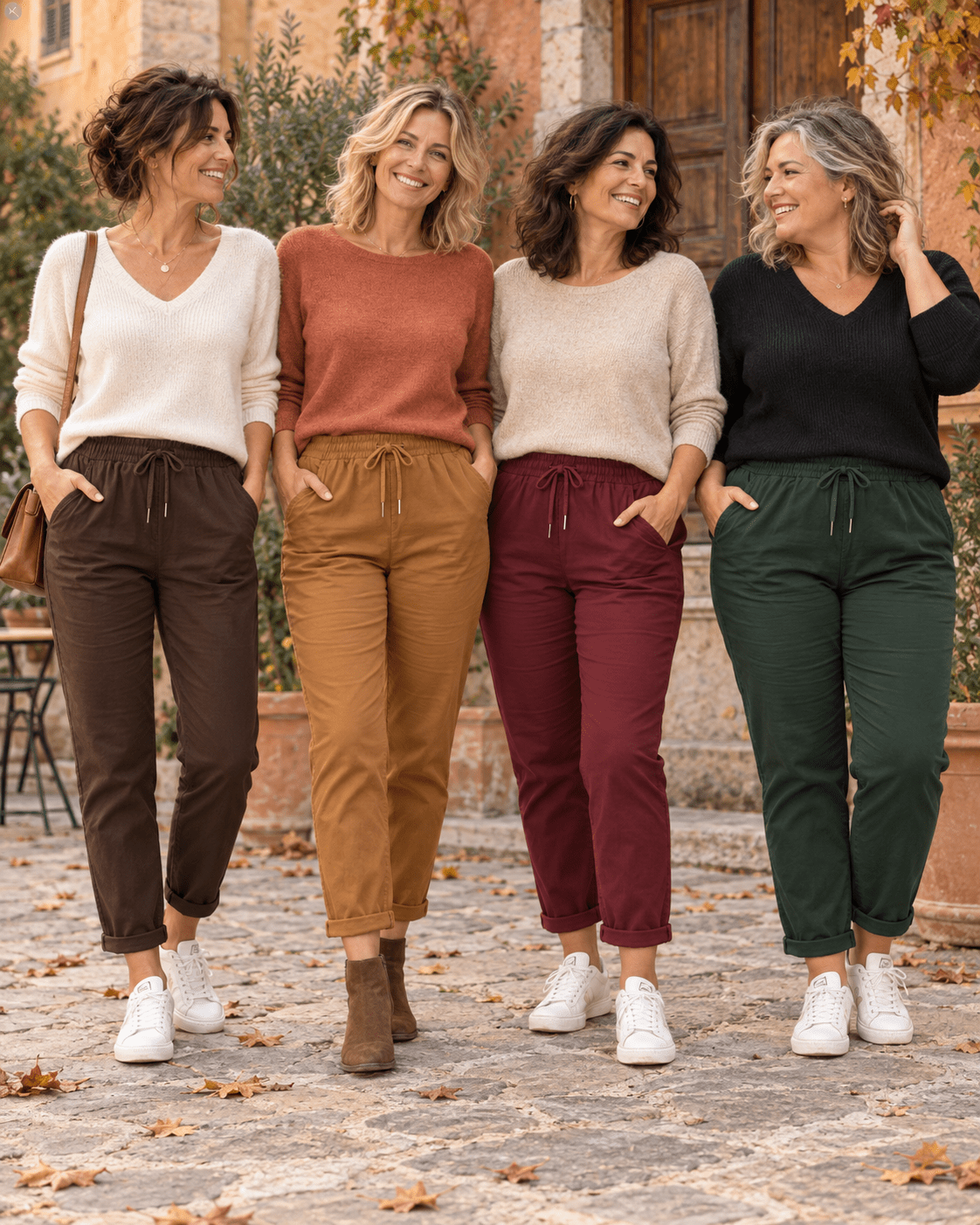 Quatre femmes portant le Pantalon Magique en chocolat, cognac, bordeaux et vert sapin, du 36 au 50