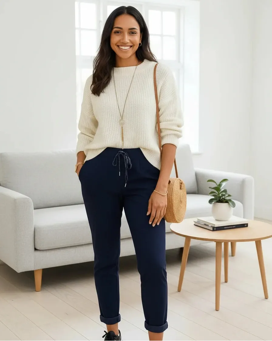 Pantalon Magique femme marine – look casual chic, taille élastique stretch, coupe élégante toutes morphologies 36-52