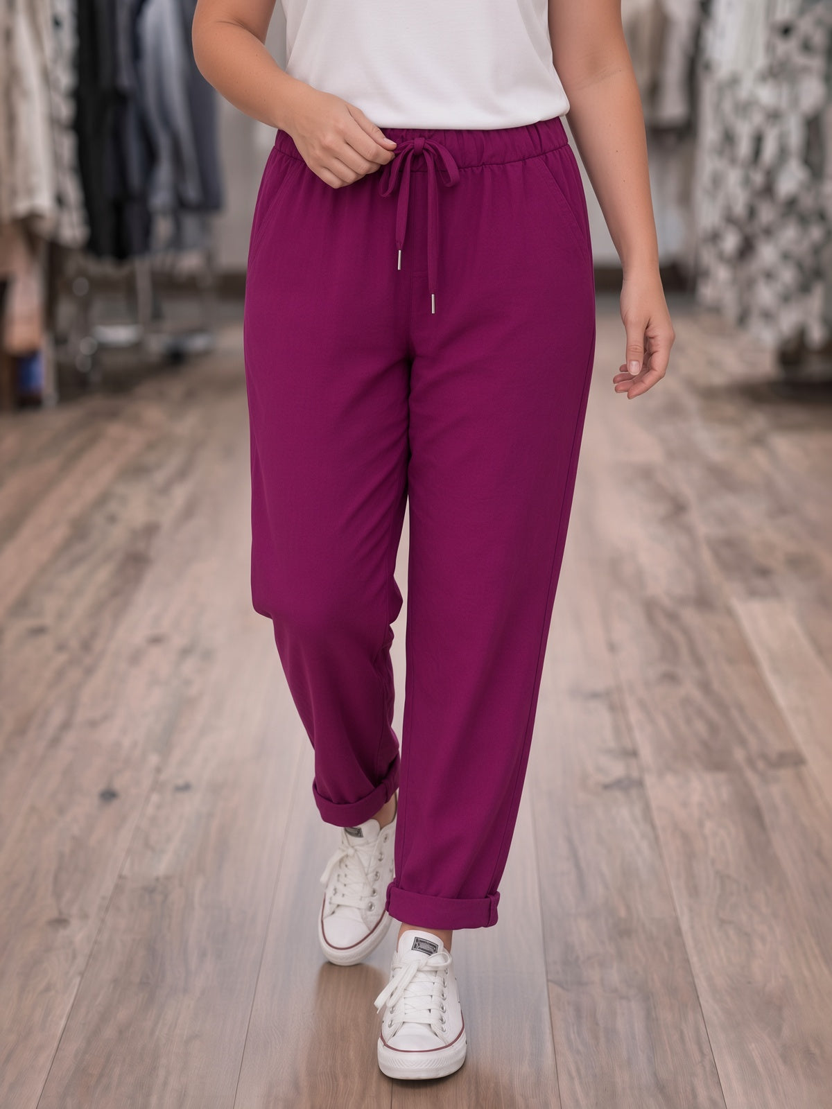 Pantalon grande taille élastique couleur prune