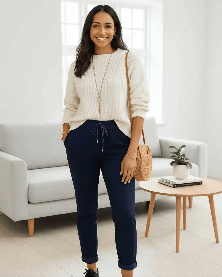 Pantalon Magique bleu marine porté en tenue casual chic, coupe souple à taille élastique