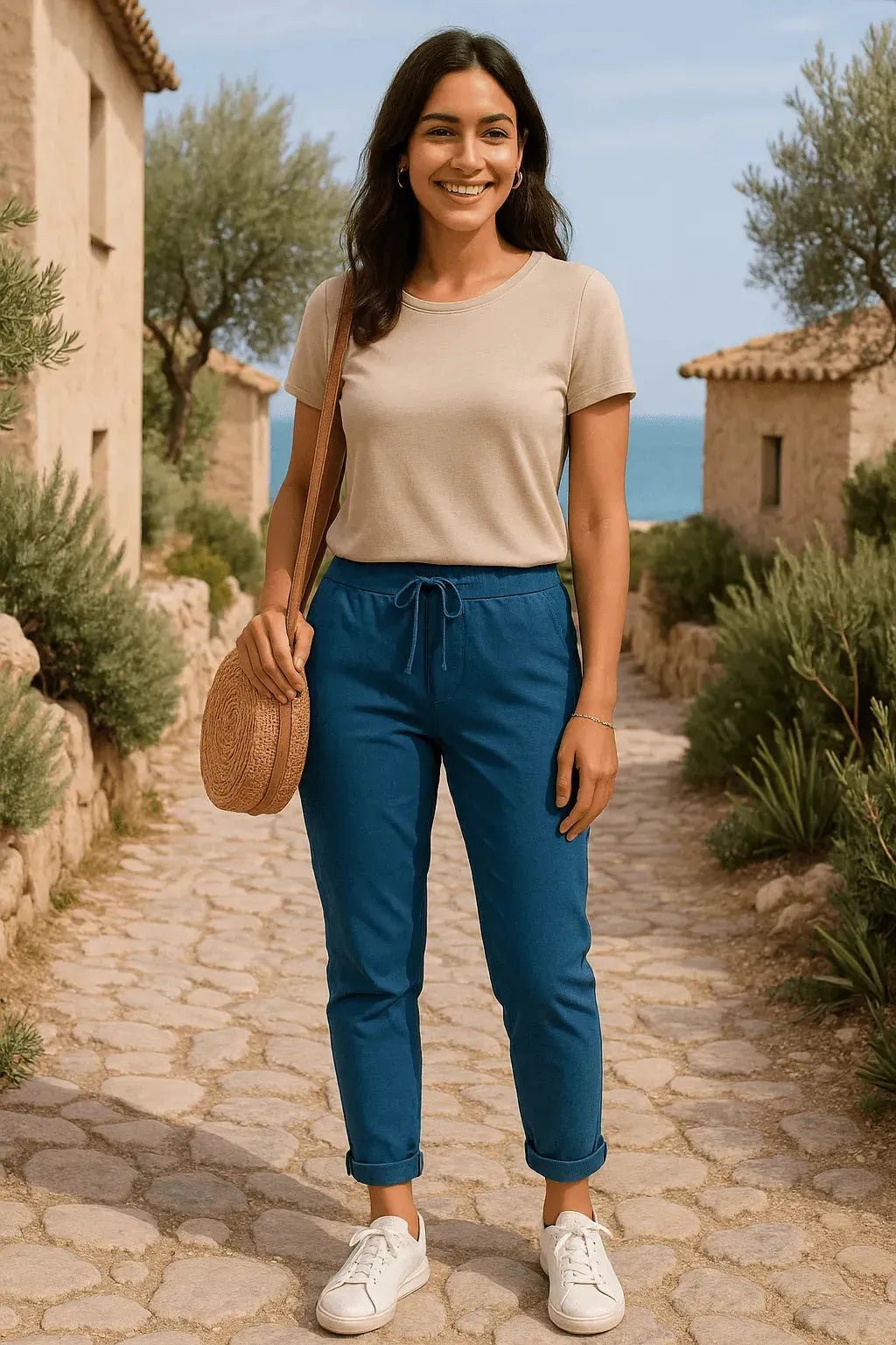 Pantalon Magique bleu pétrole porté, coupe droite souple et style facile à vivre