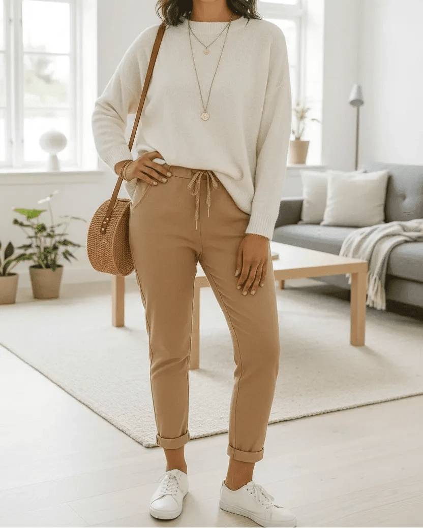Pantalon Magique femme fabriqué en Italie, vue portée de la coupe droite et fluide