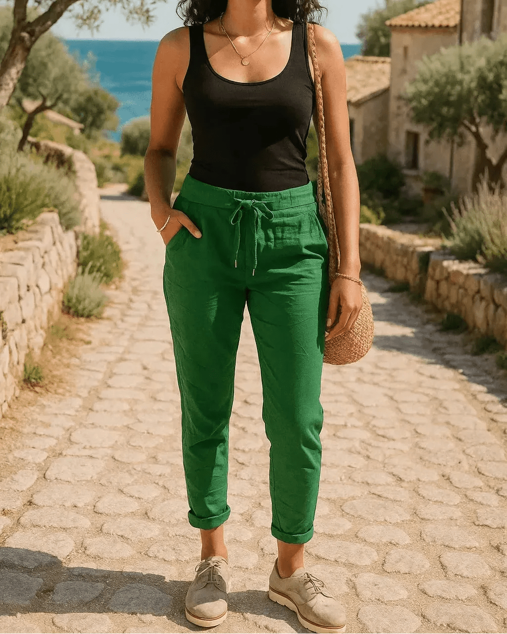 Pantalon Magique vert porté dans un village provençal, style estival décontracté
