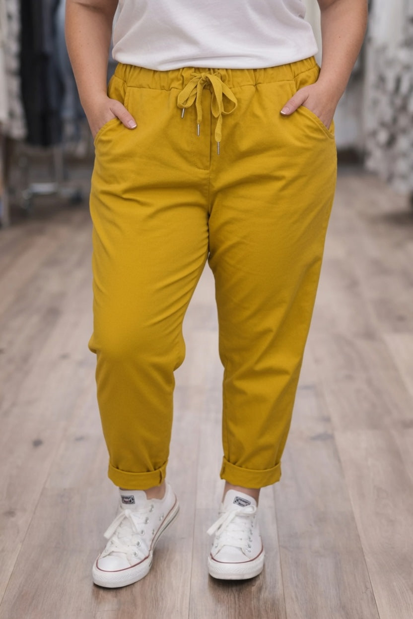 Pantalon élastique couleur moutarde, fabrication italienne -Mam’s ailes 
