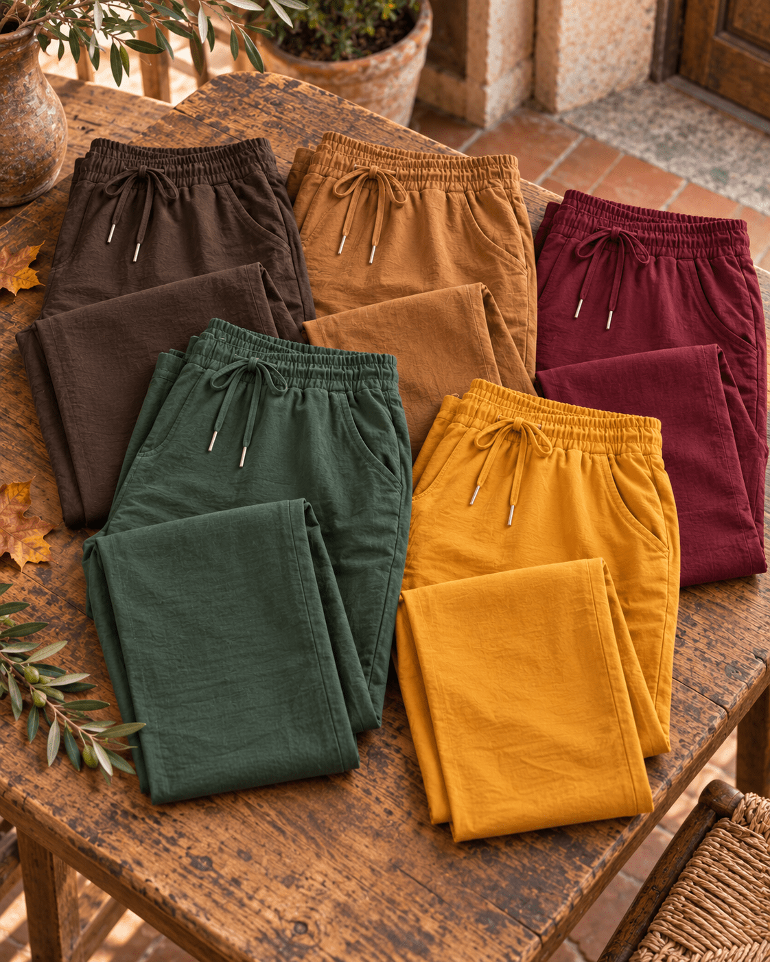 Pantalons Magiques chocolat, cognac, bordeaux, vert sapin et moutarde, détail taille élastique