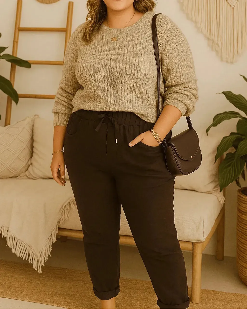 Pantalon Magique femme couleur noir porté – coupe flatteuse grande taille, taille élastique, toutes morphologies 36-52