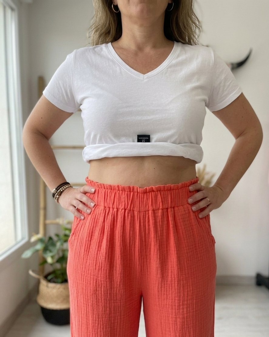 Détail de la ceinture élastique froncée du pantalon palazzo corail porté avec naturel, idéal pour les tailles 40 à 48.