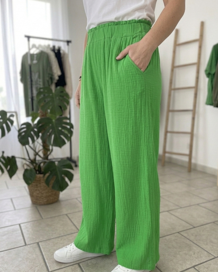 Pantalon palazzo femme vert pomme en gaze de coton : coupe large fluide, ceinture élastique froncée, main dans la poche, taille 40 au 48