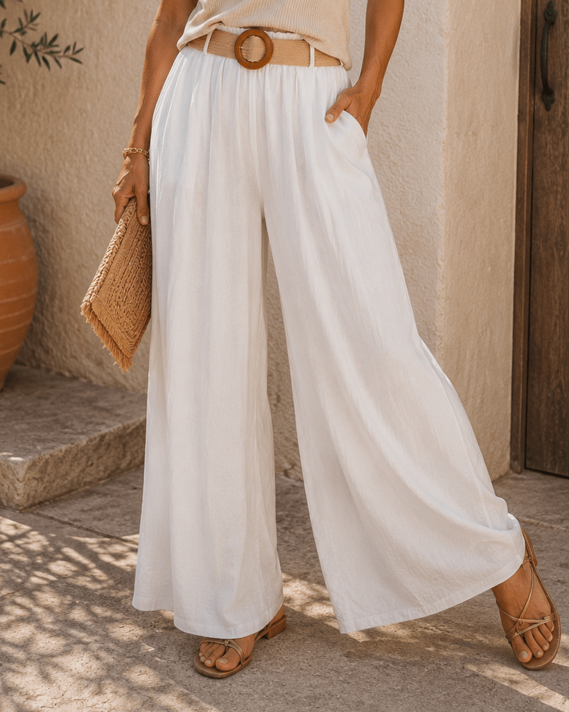 Pantalon large blanc femme avec tombé fluide et sandales dorées style été méditerranéen