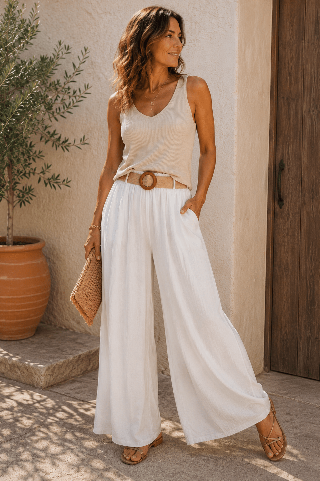 Pantalon palazzo blanc fluide avec ceinture tressée porté dans un look bohème chic estival