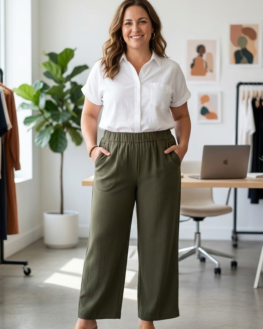 Pantalon coupe chino large pour femme grande taille, coloris kaki élégant.