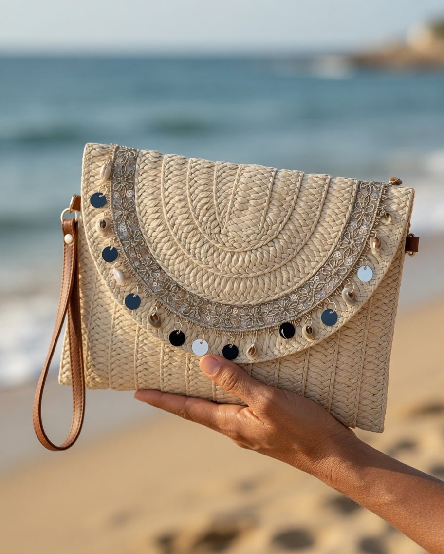 Pochette Bohème en Raphia avec Miroirs et Coquillages - Mam’s Ailes