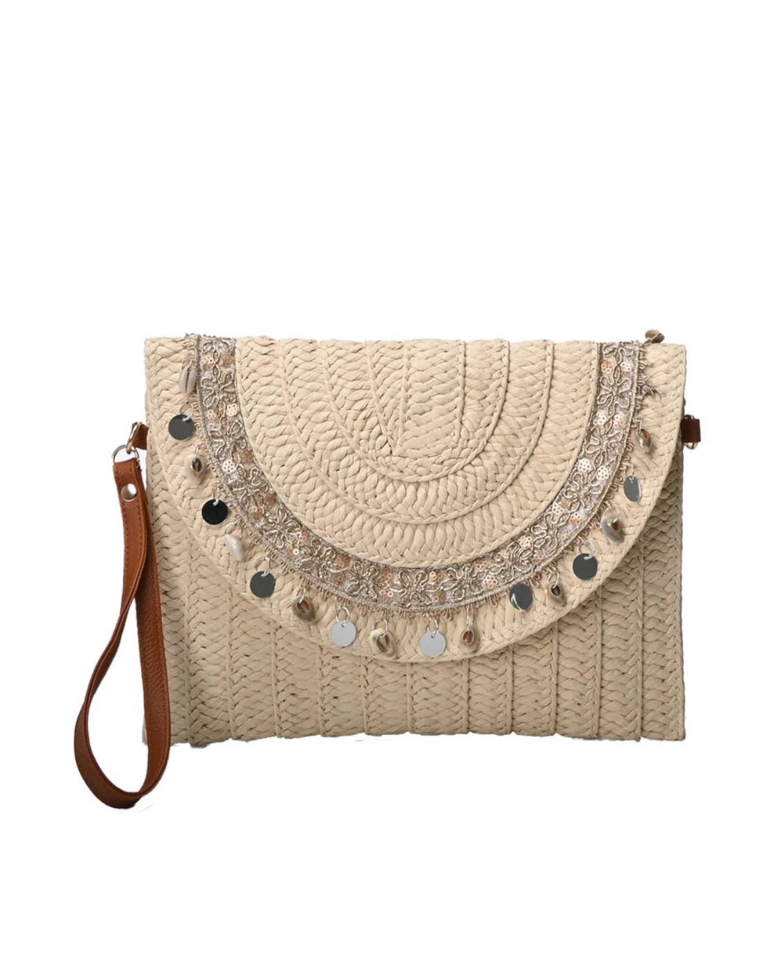 Pochette Bohème en Raphia avec Miroirs et Coquillages - Mam’s Ailes