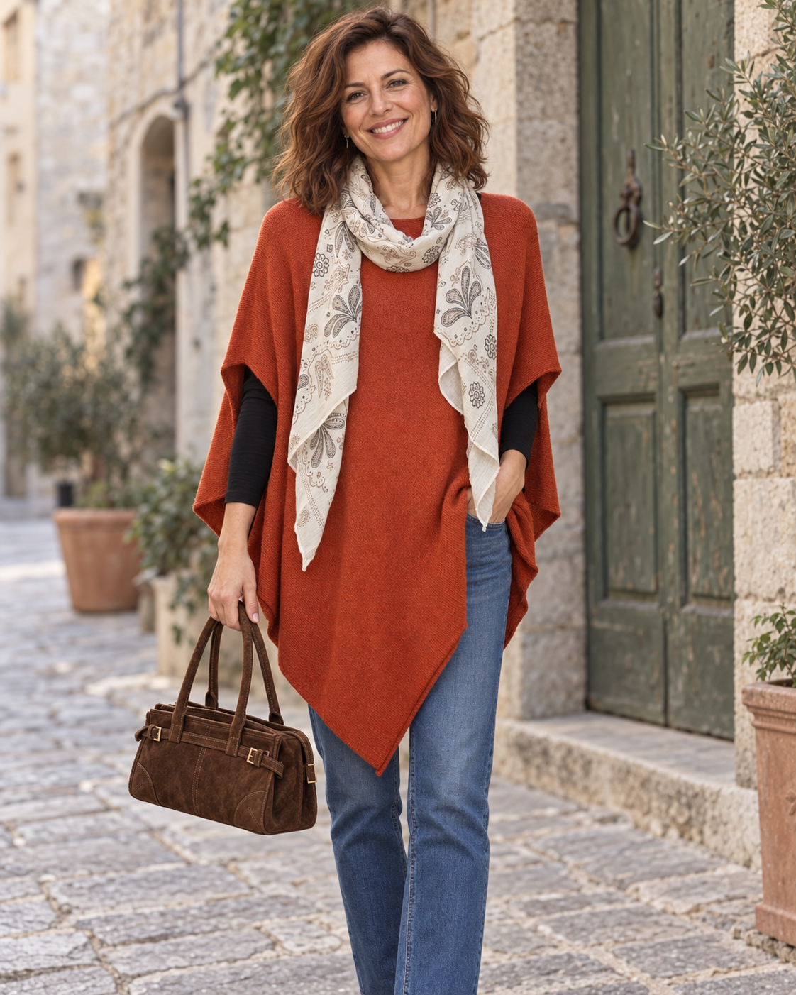Pull poncho terracotta porté avec le foulard Roma écru et le sac Alessia chocolat.