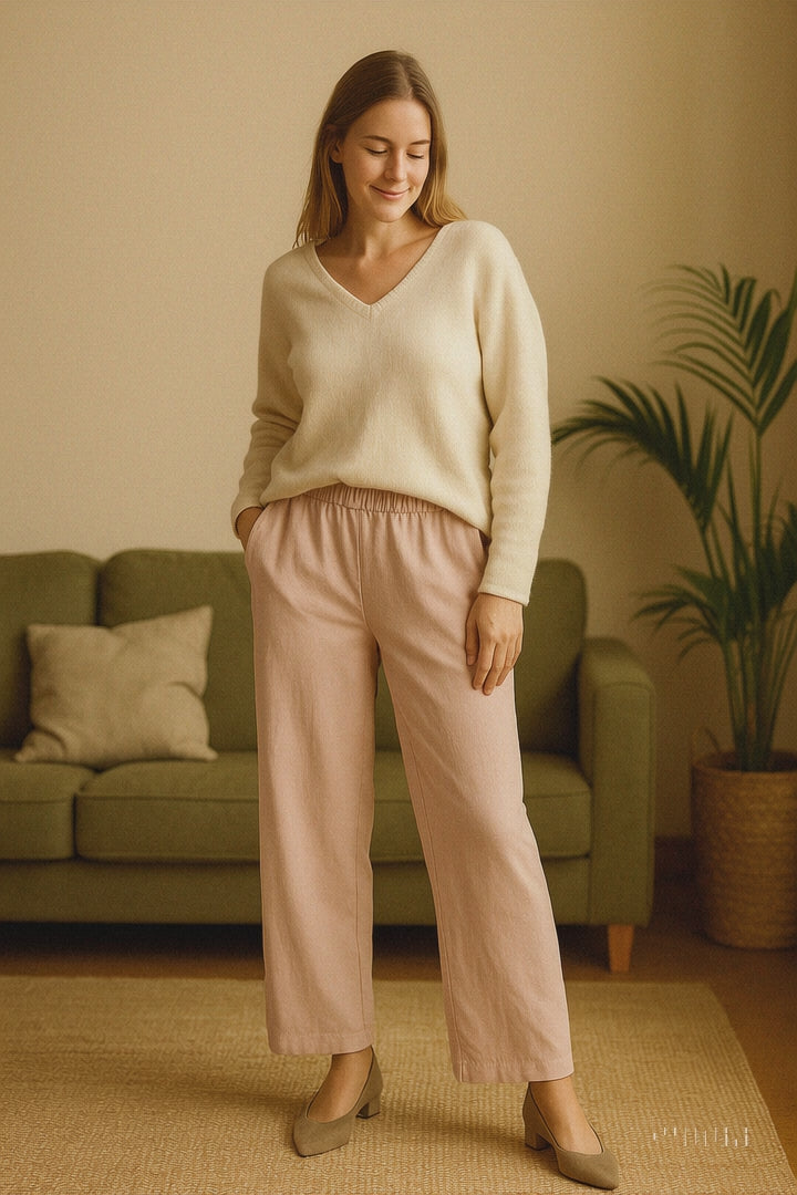 Pantalon droit femme taille élastique froncée, disponible en bleu marine ou rose