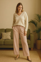 Pantalon droit femme taille élastique froncée, disponible en bleu marine ou rose