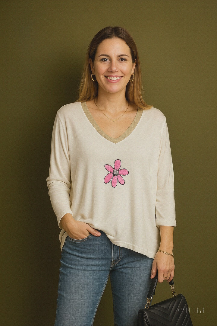 Pull léger col V à paillettes et motif fleur, mode féminine chic italienne