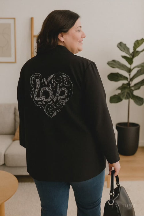 Blazer femme noir avec cœur en strass LOVE au dos, chic et tendance