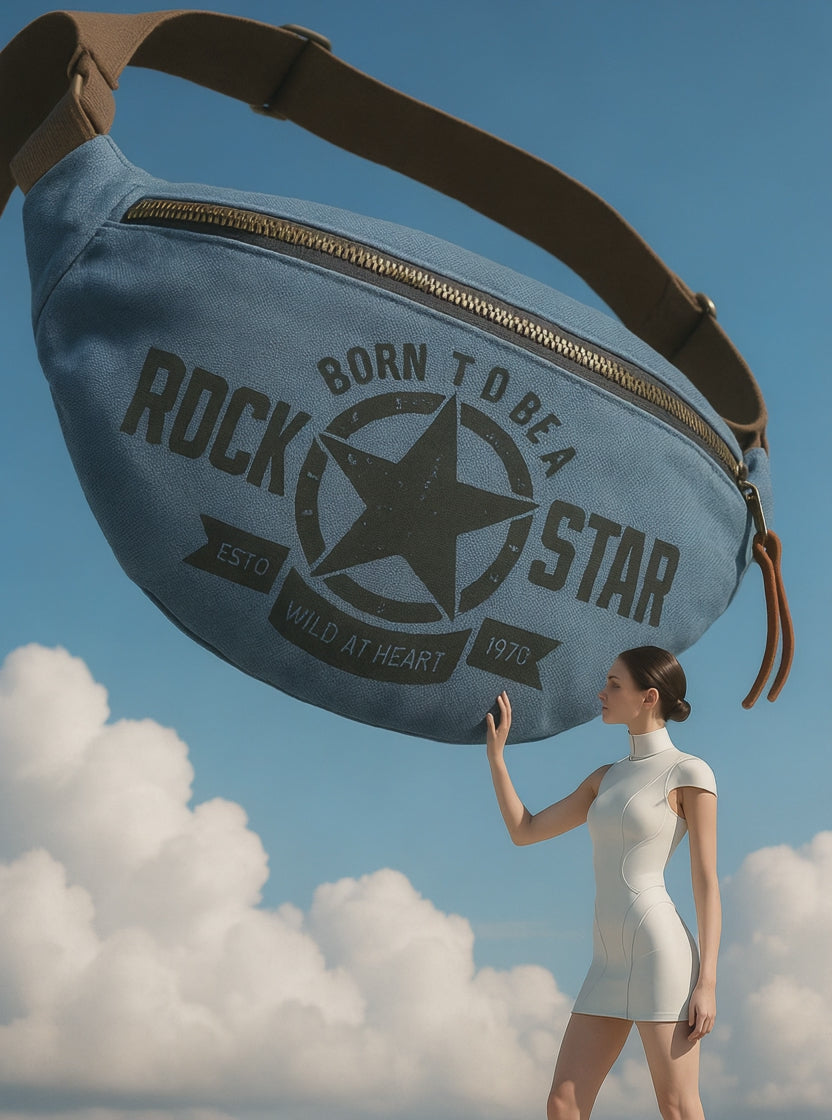 video du Sac banane noir avec inscription Born to be Rock Star et étoile blanche