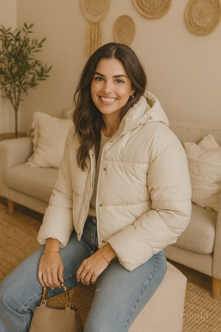 Veste doudoune satinée femme beige élégante et confortable pour l’hiver
