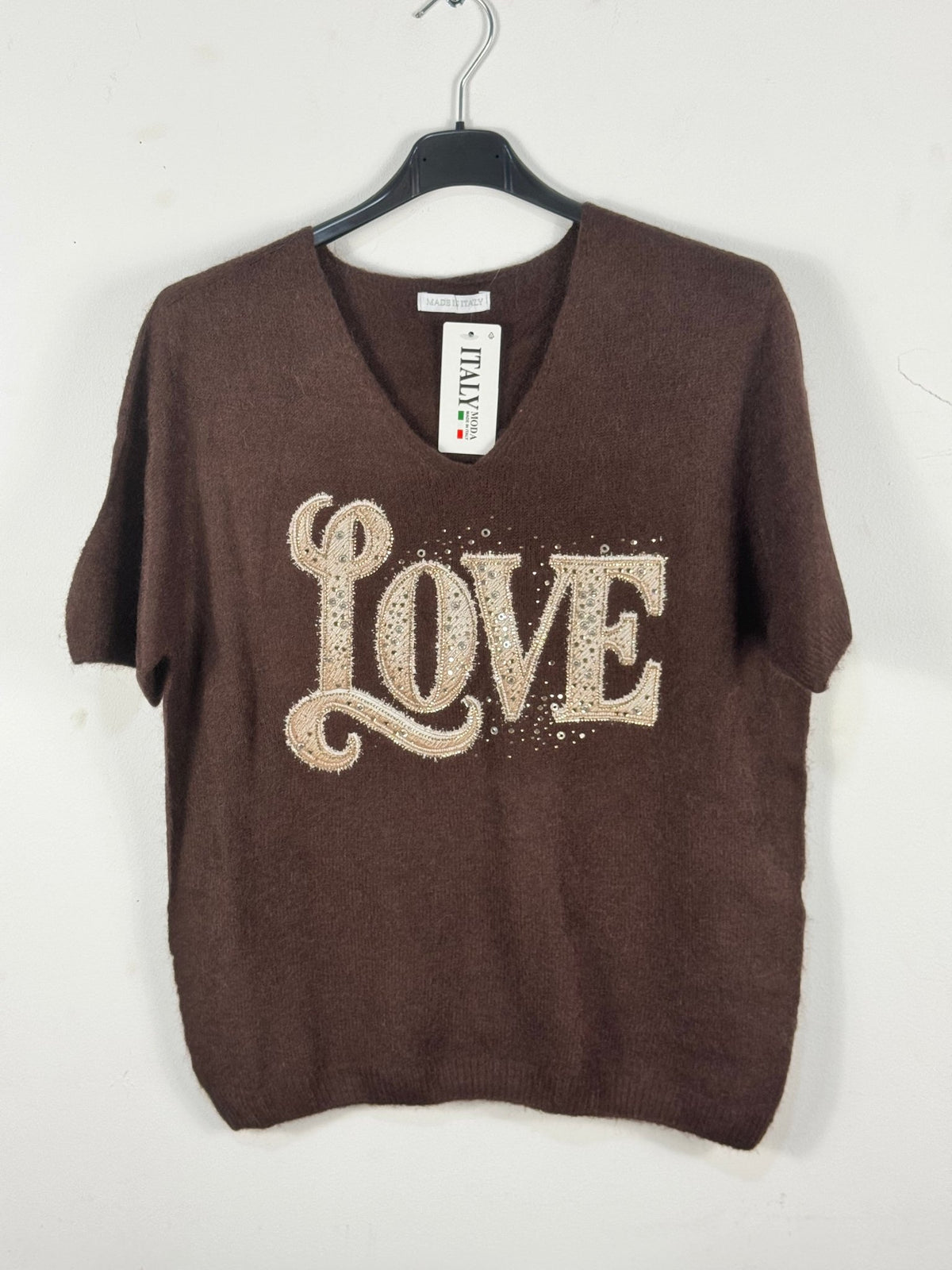 Pull Amore blanc à manches courtes avec cœur en strass et baby alpaga