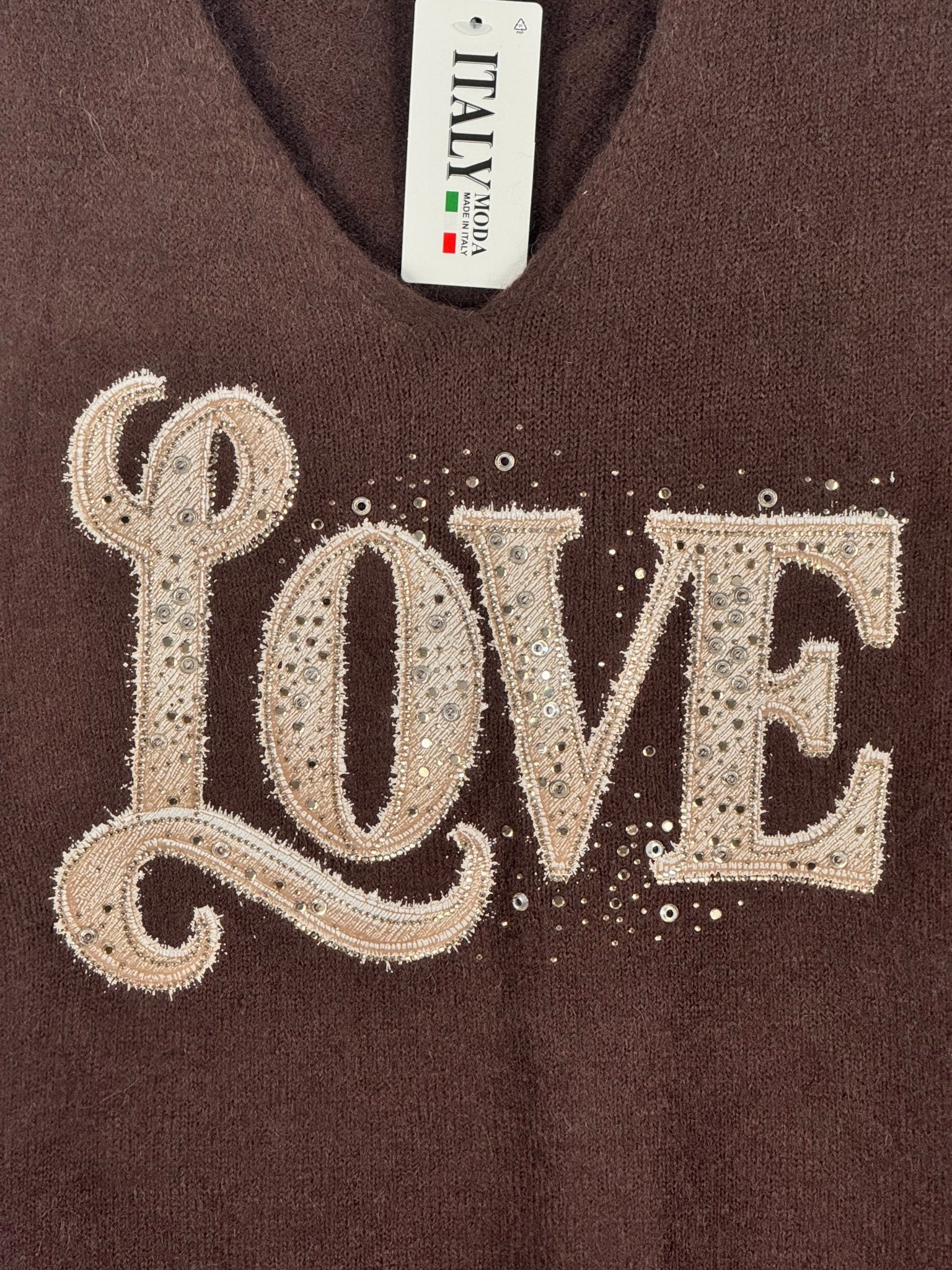 Pull Amore chocolat à cœur strass en maille avec baby alpaga