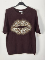 Pull Bacio chocolat à manches courtes avec grande bouche léopard et strass, vue de face