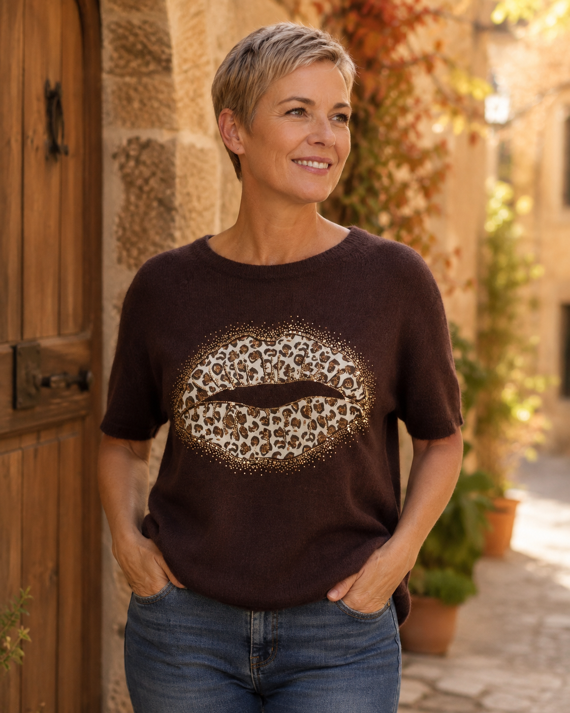 Femme portant le pull Bacio chocolat à bouche léopard et strass avec un jean dans une ambiance italienne