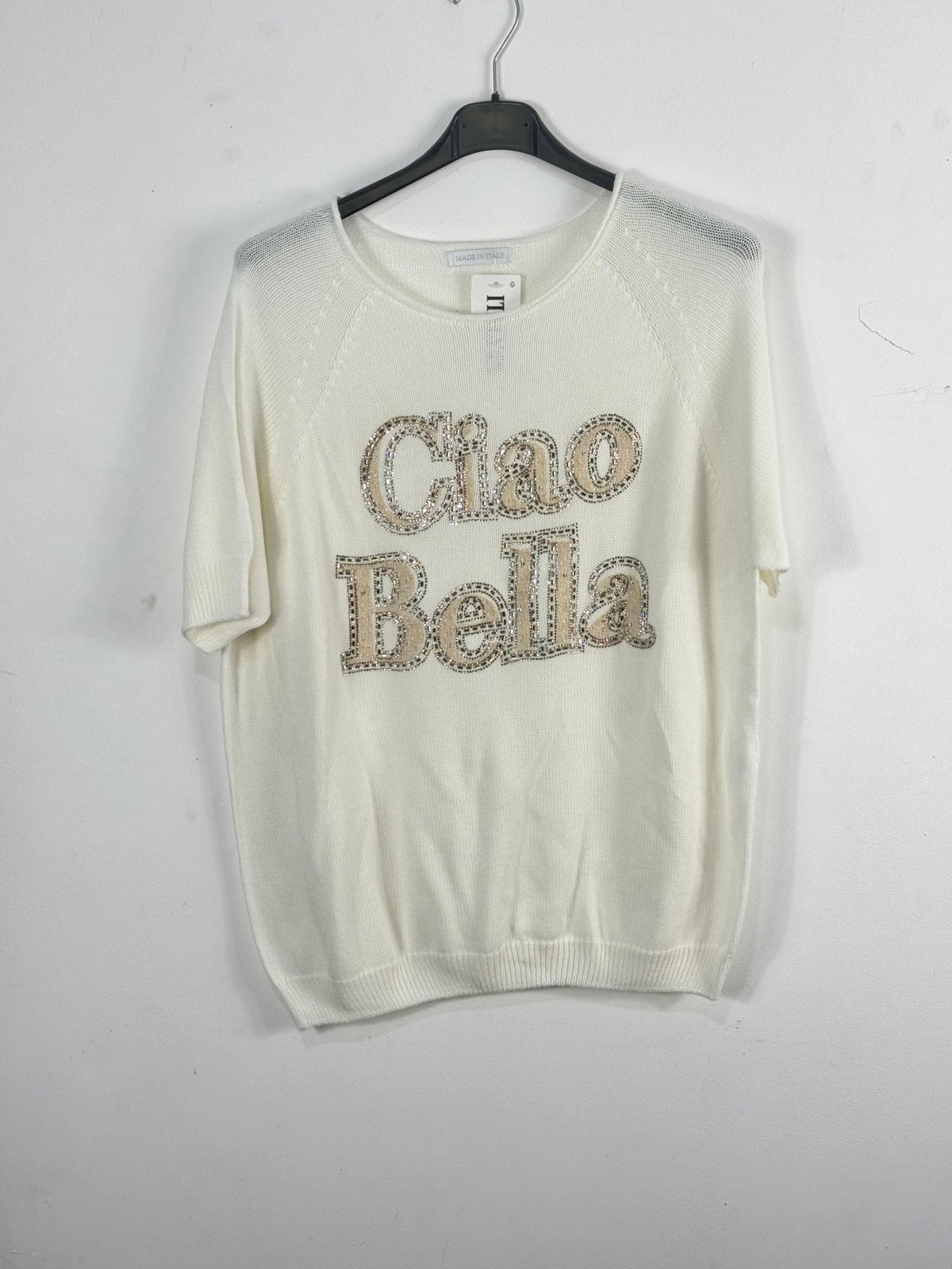 Pull Ciao Bella chocolat 100 % coton avec message brillant