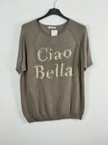 Pull Ciao Bella taupe 100 % coton avec message en strass