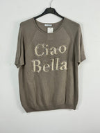 Pull Ciao Bella taupe 100 % coton avec message en strass