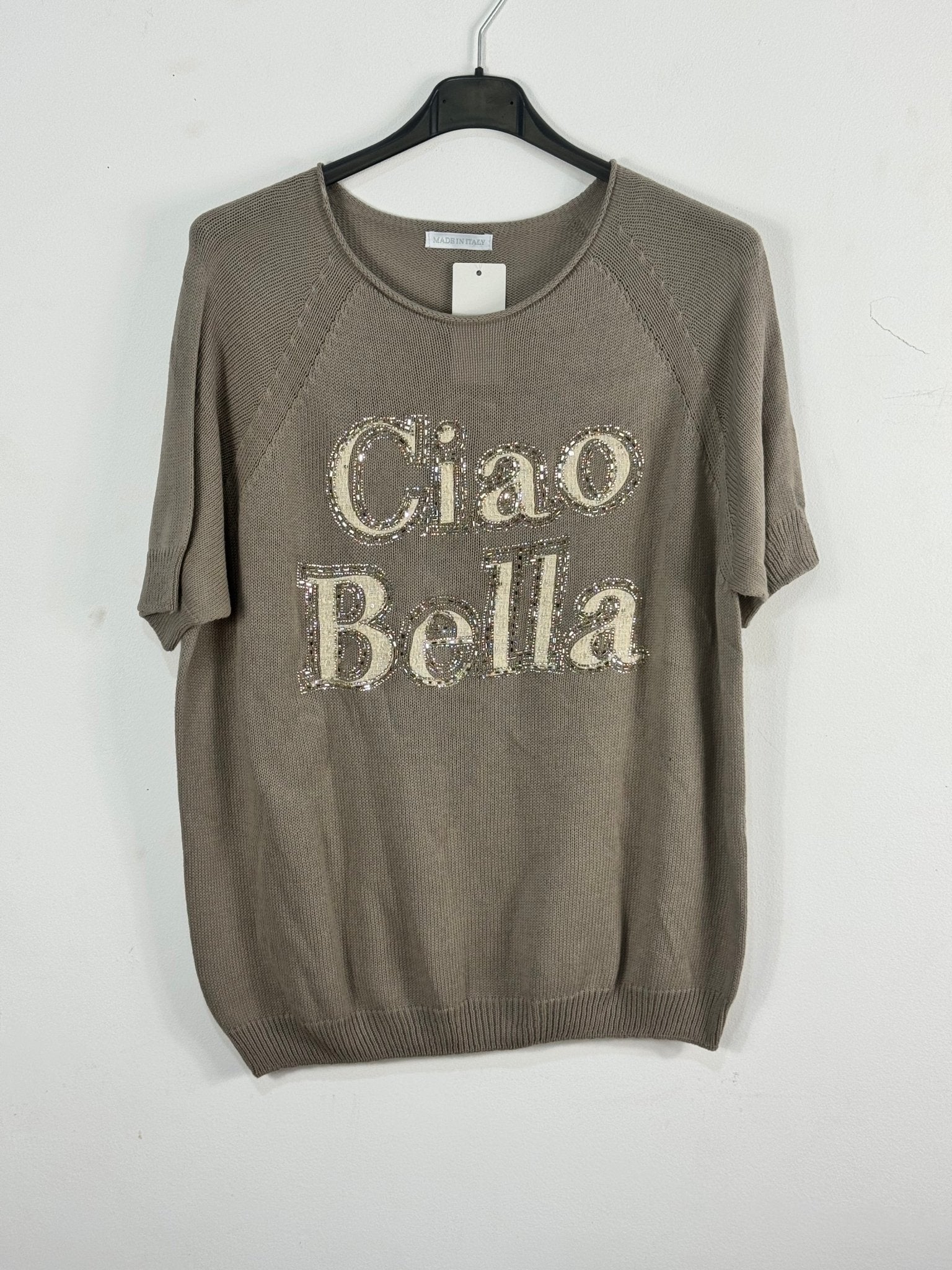 Pull Ciao Bella taupe 100 % coton avec message en strass