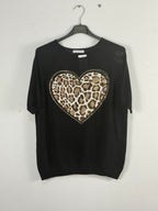 Pull Cuore blanc 100 % coton avec cœur léopard en strass