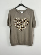 Pull Cuore taupe 100 % coton avec cœur léopard et strass